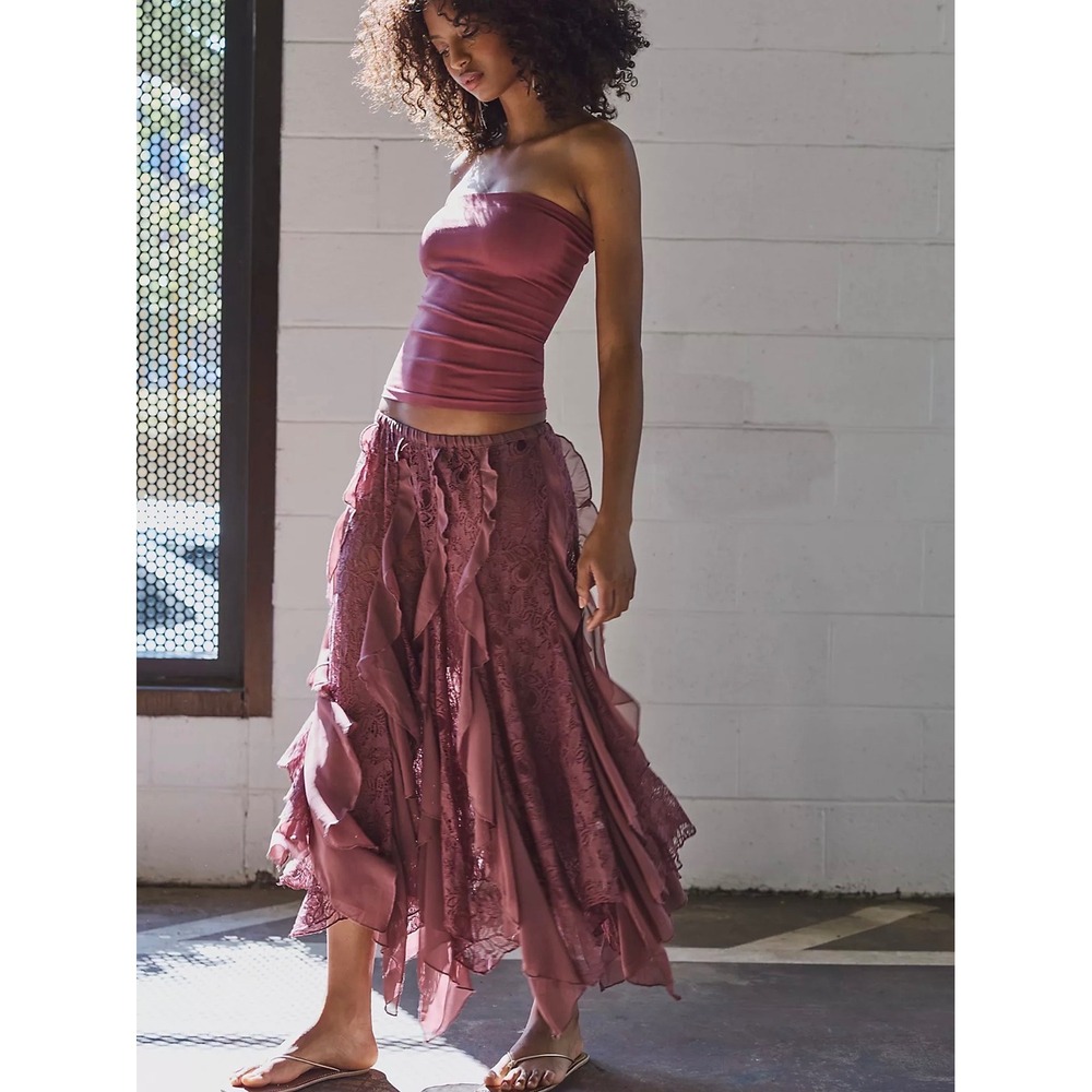 Free People Candy Calling Maxi Slip Skirt Taupe Rose Lace Ruffle  XL NEW